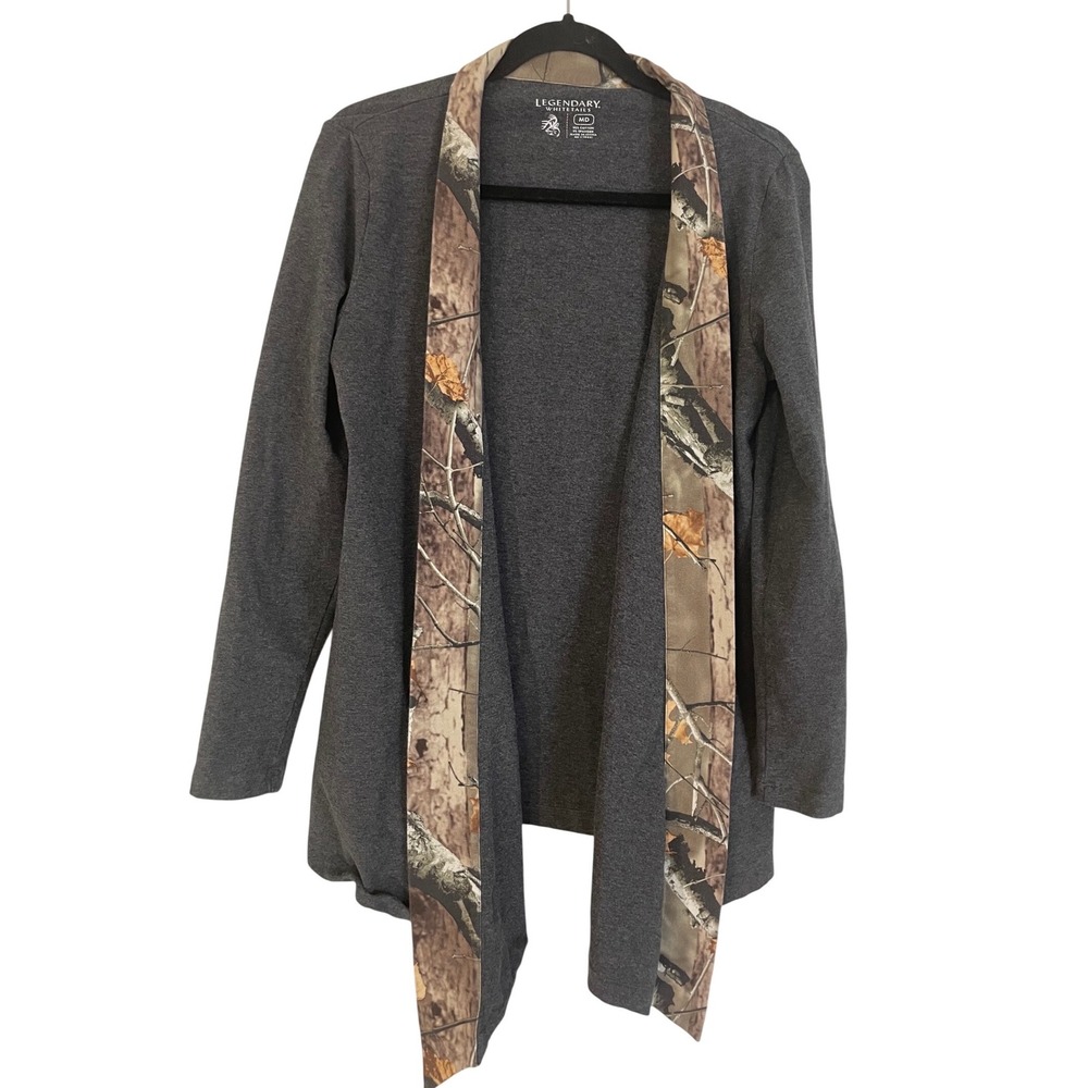 Legendary Whitetails Womens Gray Camo Trim Open Front Cardigan Sweater Medium - Picture 2 of 7